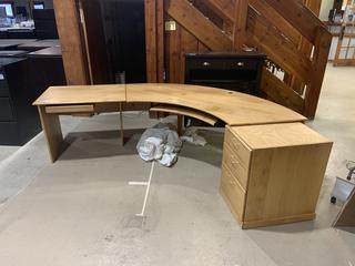 Maple w/ Inlaid Walnut Crescent Shaped Desk with Filing Cabinet & Pull Out Keyboard Tray.