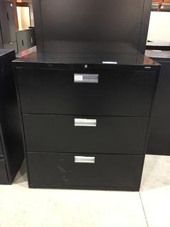 Black 3 Drawer Filing Cabinet, 3' x 19 1/4" x 40 3/4" Tall.