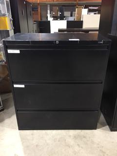 Black 3 Drawer Filing Cabinet, 3' x 18" x 40 3/4" Tall.