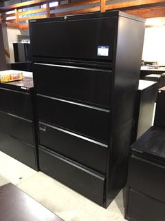Black 5 Drawer Filing Cabinet, 3' x 19 3/4" x 63 3/4" Tall.