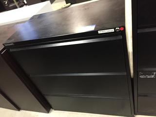 Black 3 Drawer Filing Cabinet, 35 1/2" x 19 3/4" x 39 3/4" Tall.
