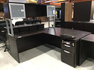 "L" Shaped Office Desk , 71x77" & Upper Cabinet with Glass doors, One Broken Drawer Front.