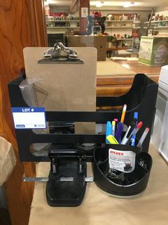 Small Rotating Organizer with Contents, File Holder, Hole Punch, Post It Dispenser & Tape Dispenser.
