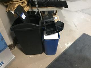 Garbage Can, Recycling Bin, Mop, small Wall Mount Waste Bin & (2) Toilet Paper Dispensers.