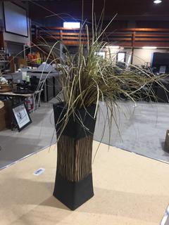 Black Striped Vase 12 1/4" Tall with Fake Grass.