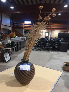 Brown Striped Round Vase 8 1/2" Tal with Fake Grass.