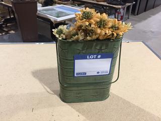 Metal Green Pot 7 3/4" Tall with Fake Flowers.