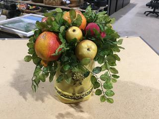 Yellow Vase with Fake Fruit/Plant, Cracked Vase.