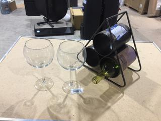 Metal Wine Rack (3) Bottle & (2) Wine Glasses.