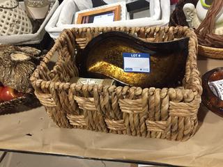 Wicker Basket, Serving Dish, Fake Plant & Candle Holders.