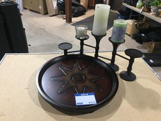 Wooden Platter & Metal Candle Holder with (3) Assorted Candles.