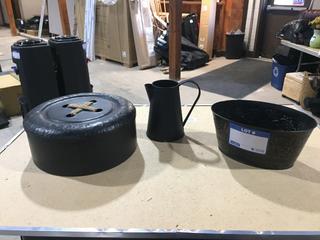Black Watering Can, Pot, & Container with Rope.