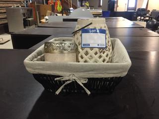 Brown Wicker Basket, (2) Candle Holders.