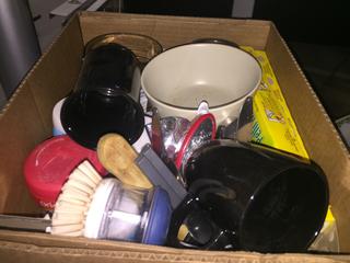 (2) Boxes of Kitchen Supplies, Cups, Utensils, Bowls Ect.