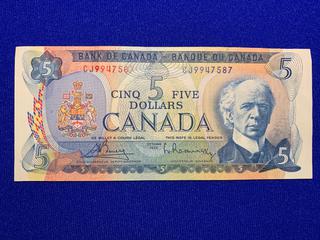 1972 Canada Five Dollar Bank Note S/N CJ9947587.