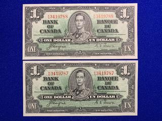 (2) Sequential 1937 Canada One Dollar Bank Notes S/N KN3419787 - KN3419788.