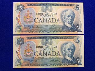 (2) Sequential 1979 Canada Five Dollar Bank Notes S/N 30358705454 - 30358705455.
