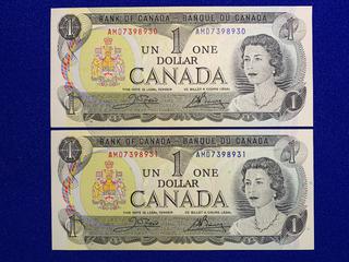 (2) Sequential 1973 Canada One Dollar Bank Notes S/N AMD7398930 - AMD7398931.