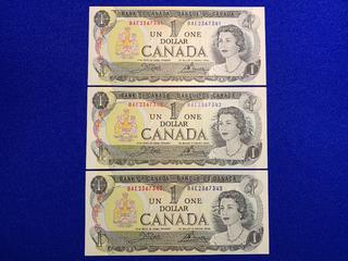 (3) Sequential 1973 Canada One Dollar Bank Notes S/N BAE2367341 - BAE2367343.
