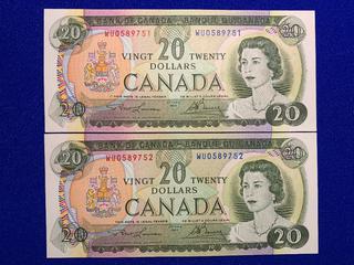 (2) Sequential 1969 Canada Twenty Dollar Bank Notes S/N WU0589751 - WU0589752.