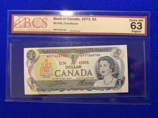 1973 Canada One Dollar Bank Note S/N AMY7464740, (BCS Rated 63).