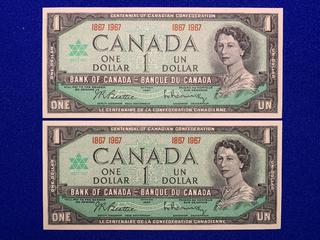 (2) 1967 Canada One Dollar Centennial Bank Notes S/N 1867 - 1967.