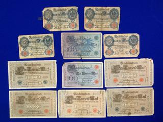 Assorted 1910 - 1914 Germany Imperial Bank Notes.