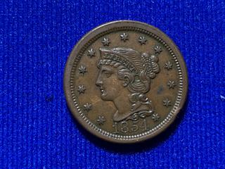 1854 USA One Cent Coin.