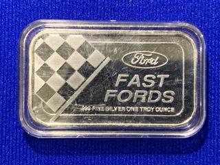 One Troy Ounce .999 Fine Silver Bar, "Fast Fords, Cale Yarborough".