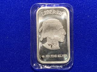 One Troy Ounce .999 Fine Silver Bar, "Liberty".