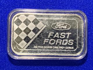 One Troy Ounce .999 Fine Silver Bar, "Fast Fords, Alan Kulwicki".