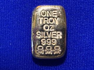 One Troy Ounce .999 Fine Silver Bar, "Skull & Crossbones".