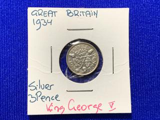 1934 Great Britain Three Pence Silver Coin.