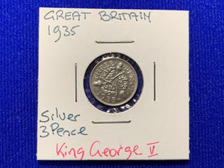 1935 Great Britain Three Pence Silver Coin.