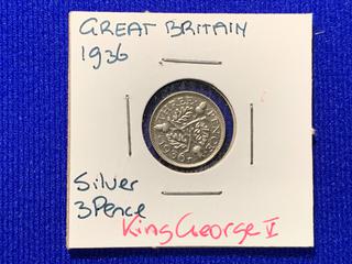 1936 Great Britain Three Pence Silver Coin.