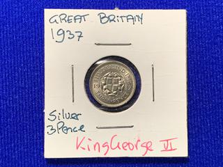 1937 Great Britain Three Pence Silver Coin.