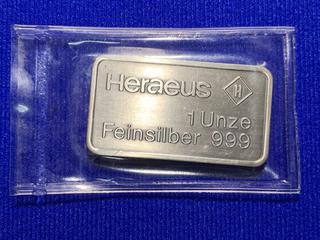 Heraeus One Troy Ounce .999 Fine Silver Bar, "Hamburg".