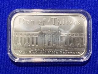 Silver Shield One Troy Ounce .999 Pure Silver Bar, "Den of Thieves".