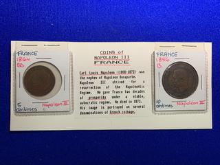 1864 France Five Centimes Coin & 1856 France Ten Centimes Coin .