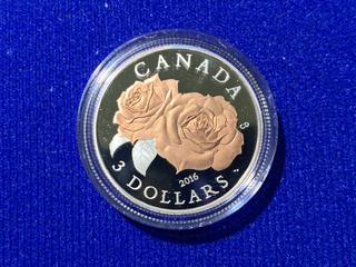 2016 Canada Three Dollar .9999 Fine Silver Coin, "Queen Elizabeth Rose" c/w Display Case.