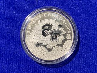 2018 Canada Eight Dollar .9999 Fine Silver Coin, "Dragon Luck" c/w Display Case.