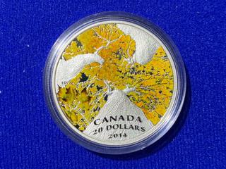 2014 Canada Twenty Dollar .9999 Fine Silver Colour Printed Coin, "Maple Canopy: Autumn Allure" c/w Display Case.