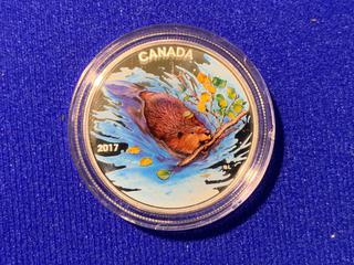 2017 Canada Ten Dollar .9999 Fine Silver Colour Printed Coin, "The Beaver" c/w Display Case.