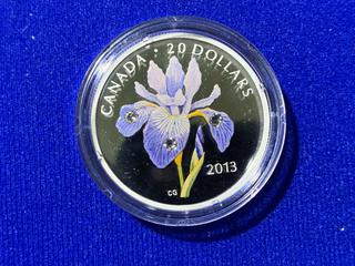 2013 Canada Twenty Dollar .9999 Fine Silver Colour Printed Coin with Swarovski Crystal Dew Drops, "Iris Versicolor" c/w Display Case.