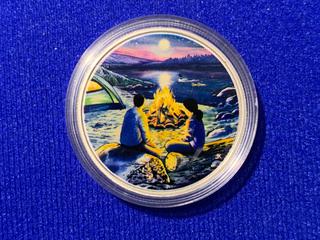 2017 Canada Fifteen Dollar .9999 Fine Silver Colour Printed Coin, "Around The Campfire" c/w Display Case.