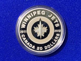 2011 Canada Twenty Dollar .9999 Fine Silver Coin, "Winnipeg Jets" c/w Display Case.