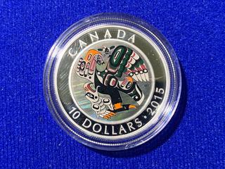 2015 Canada Ten Dollar .9999 Fine Silver Colour Printed Coin, "First Nations Art: Mother Feeding Baby" c/w Display Case.