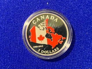 2015 Canada Three Dollar .9999 Fine Silver Colour Printed Coin, "50th Anniversary of The Canadian Flag" c/w Display Case.