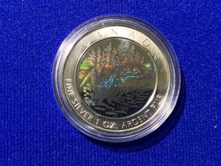 2002 Canada Five Dollar .9999 Fine Silver Holographic Coin, "Anniversary Loon" c/w Display Case.