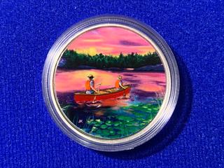 2017 Canada Fifteen Dollar .9999 Fine Silver Colour Printed Coin, "Sunset Canoeing" c/w Display Case.